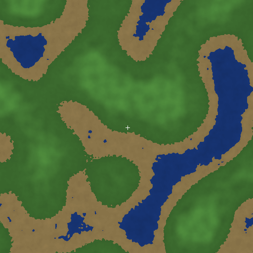 Top-down generated world map showing green highlands, desert lowlands and lakes